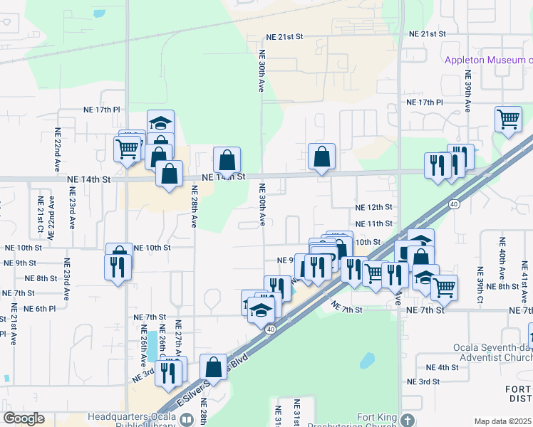 map of restaurants, bars, coffee shops, grocery stores, and more near 3001 Northeast 11th Street in Ocala
