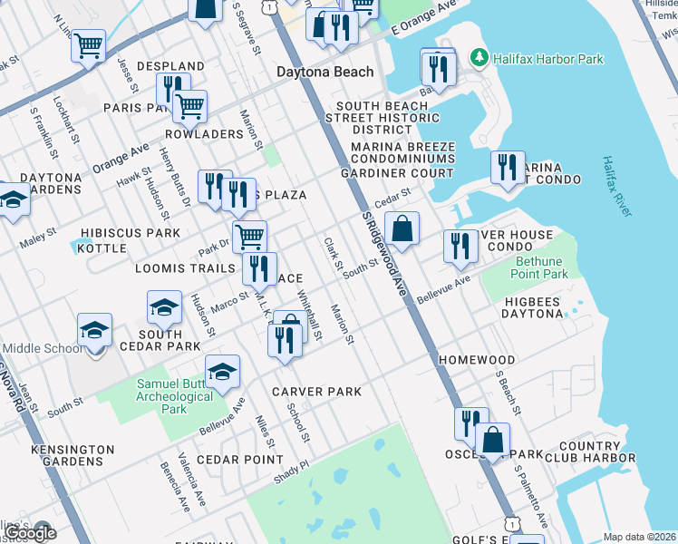 map of restaurants, bars, coffee shops, grocery stores, and more near 644 Clark Street in Daytona Beach