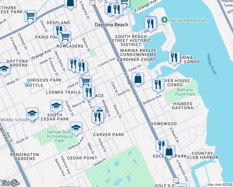 map of restaurants, bars, coffee shops, grocery stores, and more near 644 Clark Street in Daytona Beach