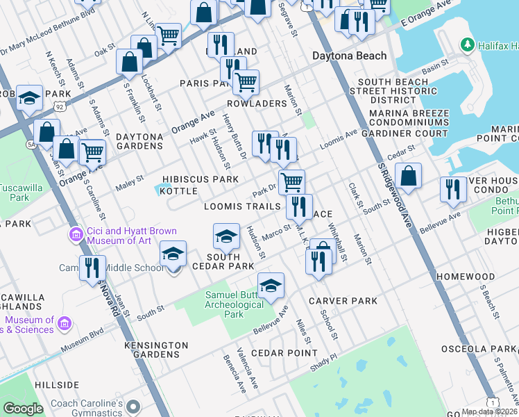map of restaurants, bars, coffee shops, grocery stores, and more near 639 McCormick Street in Daytona Beach