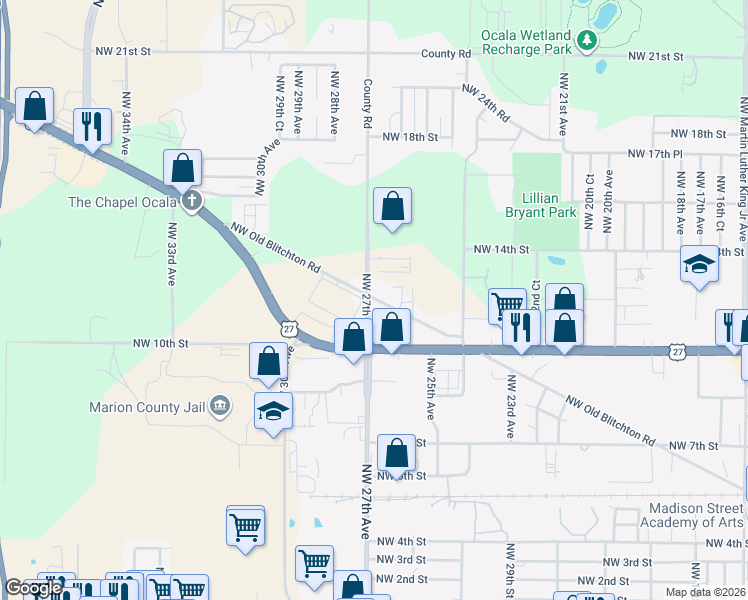 map of restaurants, bars, coffee shops, grocery stores, and more near 1138 Northwest 27th Avenue in Ocala