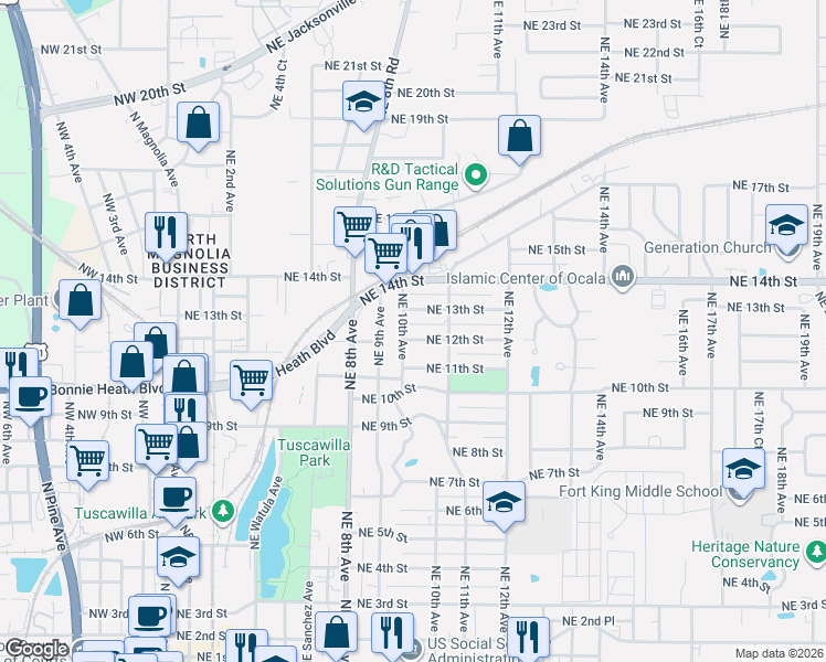 map of restaurants, bars, coffee shops, grocery stores, and more near 1216 Northeast 10th Avenue in Ocala