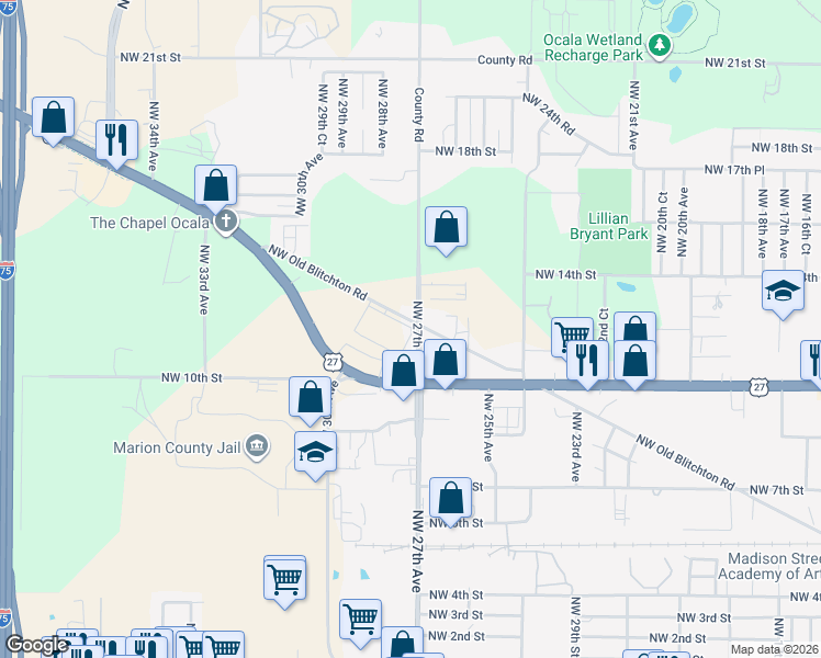 map of restaurants, bars, coffee shops, grocery stores, and more near 1138 Northwest 27th Avenue in Ocala