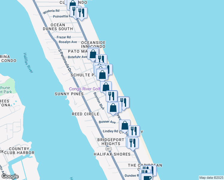 map of restaurants, bars, coffee shops, grocery stores, and more near 2071 South Atlantic Avenue in Daytona Beach Shores