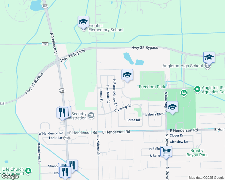 map of restaurants, bars, coffee shops, grocery stores, and more near 257 North Ranch House Road in Angleton