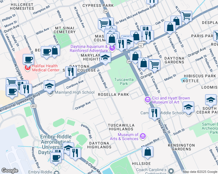 map of restaurants, bars, coffee shops, grocery stores, and more near in Daytona Beach