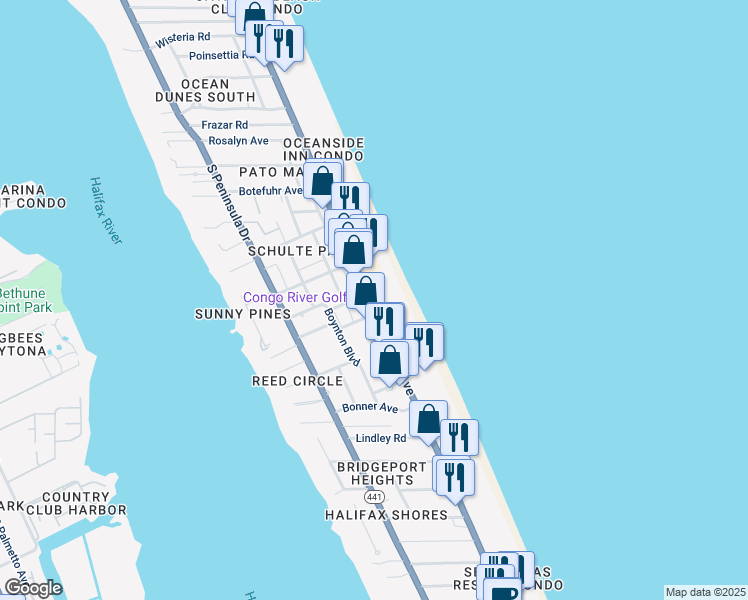 map of restaurants, bars, coffee shops, grocery stores, and more near 2071 South Atlantic Avenue in Daytona Beach Shores