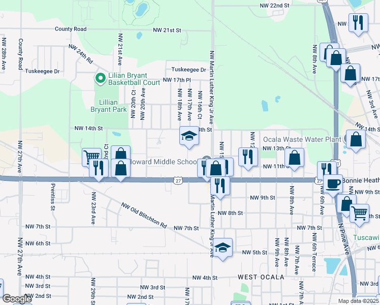 map of restaurants, bars, coffee shops, grocery stores, and more near 1108 Northwest Martin Luther King Junior Avenue in Ocala