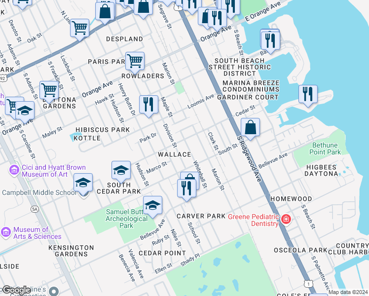 map of restaurants, bars, coffee shops, grocery stores, and more near 614 Whitehall Street in Daytona Beach