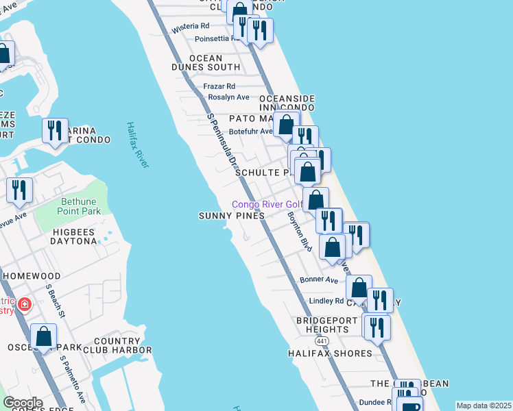 map of restaurants, bars, coffee shops, grocery stores, and more near 2063 South Peninsula Drive in Daytona Beach