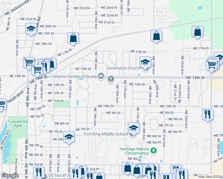 map of restaurants, bars, coffee shops, grocery stores, and more near 1527 Northeast 12th Street in Ocala