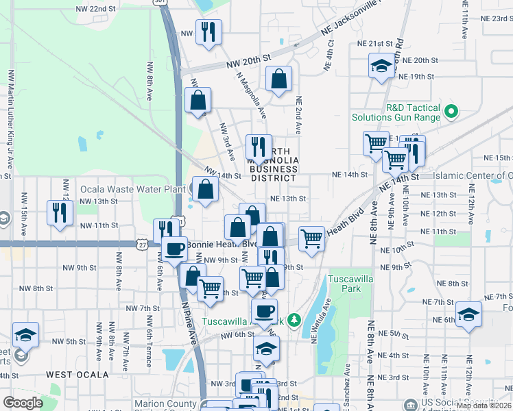 map of restaurants, bars, coffee shops, grocery stores, and more near 1202 North Magnolia Avenue in Ocala