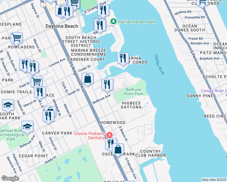 map of restaurants, bars, coffee shops, grocery stores, and more near 802 Donnelly Place in Daytona Beach