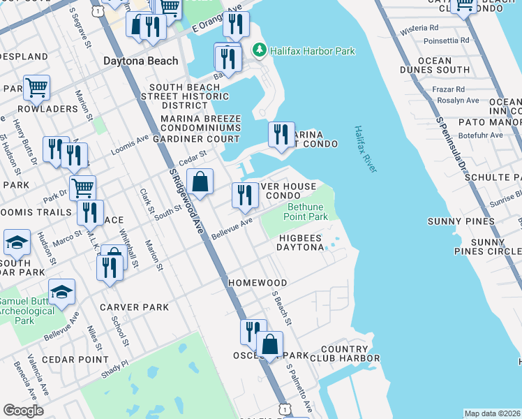 map of restaurants, bars, coffee shops, grocery stores, and more near 802 Donnelly Place in Daytona Beach