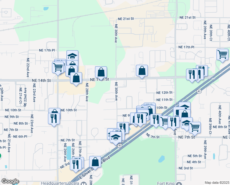map of restaurants, bars, coffee shops, grocery stores, and more near 3001 Northeast 11th Street in Ocala