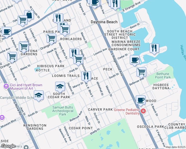 map of restaurants, bars, coffee shops, grocery stores, and more near 614 Whitehall Street in Daytona Beach
