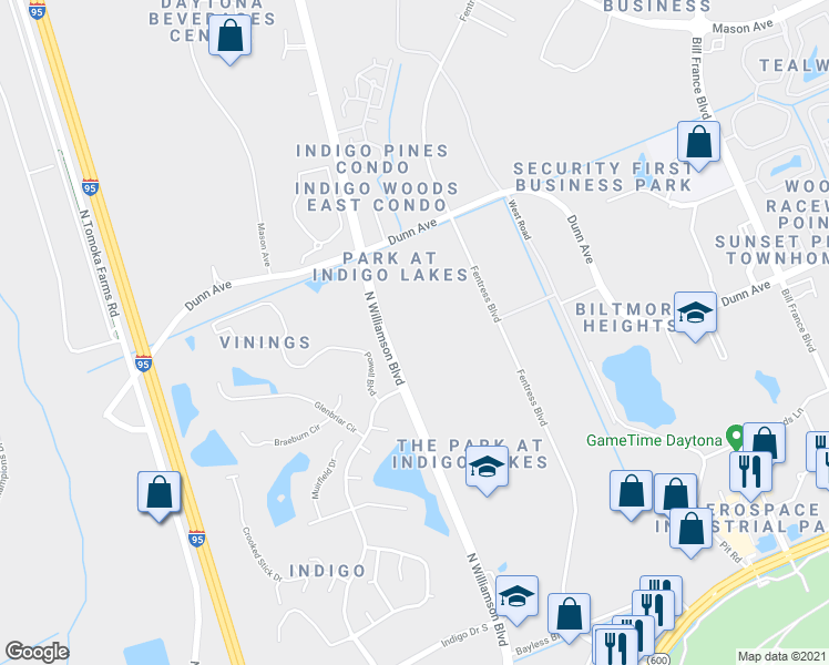 map of restaurants, bars, coffee shops, grocery stores, and more near 551 North Williamson Boulevard in Daytona Beach