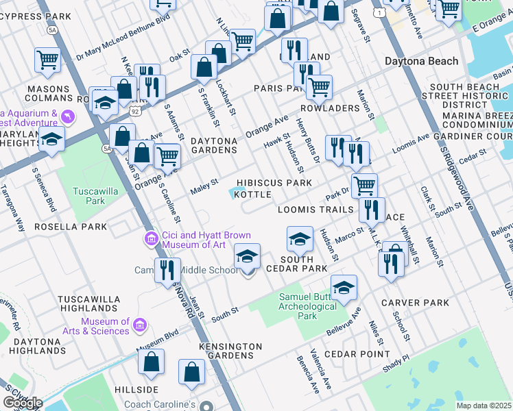map of restaurants, bars, coffee shops, grocery stores, and more near 816 South Kottle Circle in Daytona Beach