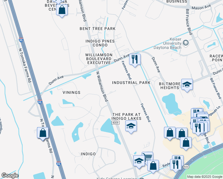map of restaurants, bars, coffee shops, grocery stores, and more near 551 North Williamson Boulevard in Daytona Beach