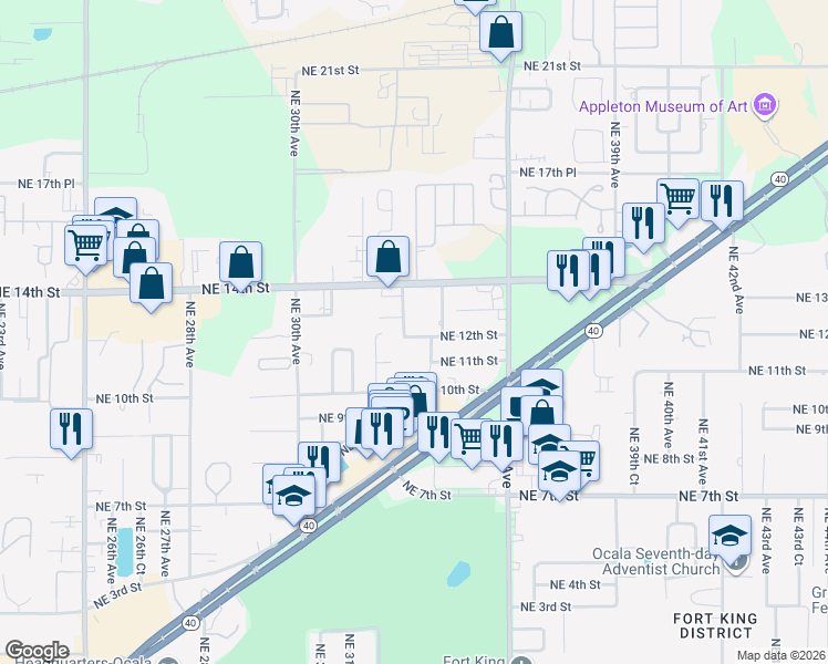 map of restaurants, bars, coffee shops, grocery stores, and more near 1303 Northeast 33rd Avenue in Ocala