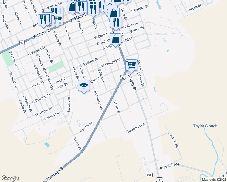 map of restaurants, bars, coffee shops, grocery stores, and more near 213 Crystal City Highway in Uvalde