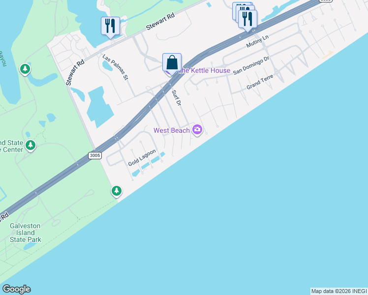 map of restaurants, bars, coffee shops, grocery stores, and more near 14125 West Beach in Galveston