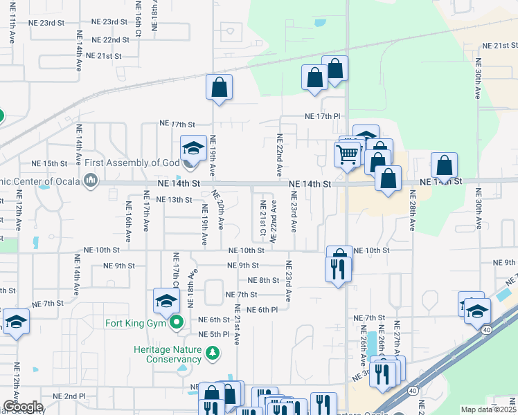 map of restaurants, bars, coffee shops, grocery stores, and more near 1208 Northeast 21st Court in Ocala