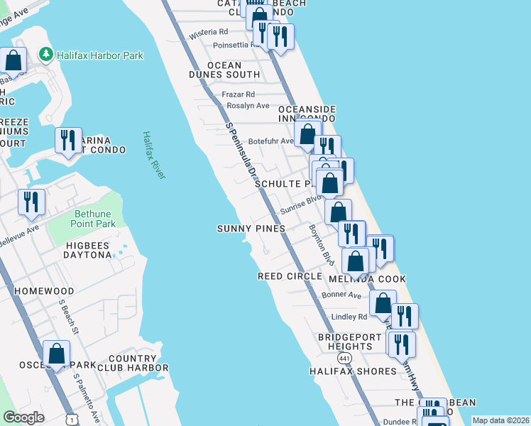 map of restaurants, bars, coffee shops, grocery stores, and more near 2063 South Peninsula Drive in Daytona Beach