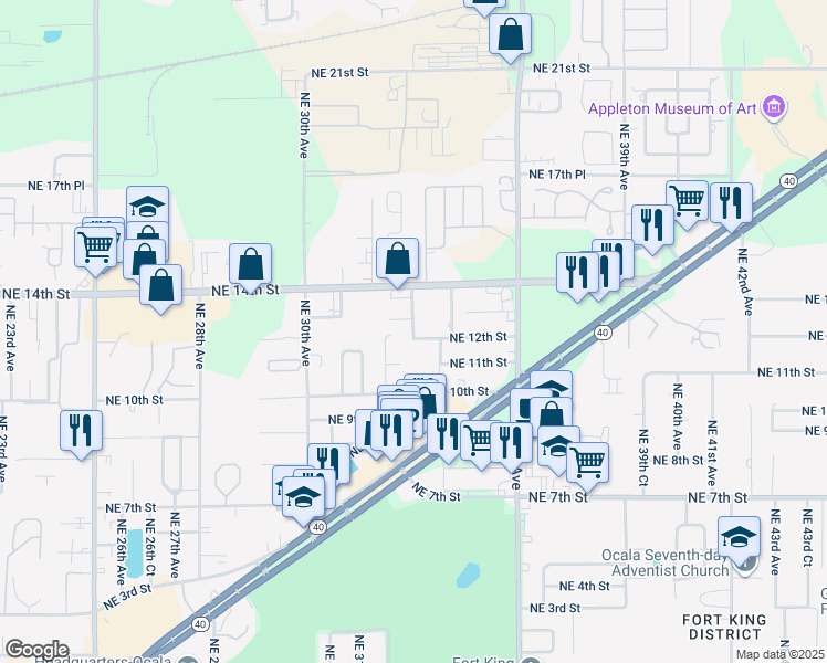 map of restaurants, bars, coffee shops, grocery stores, and more near 1303 Northeast 33rd Avenue in Ocala