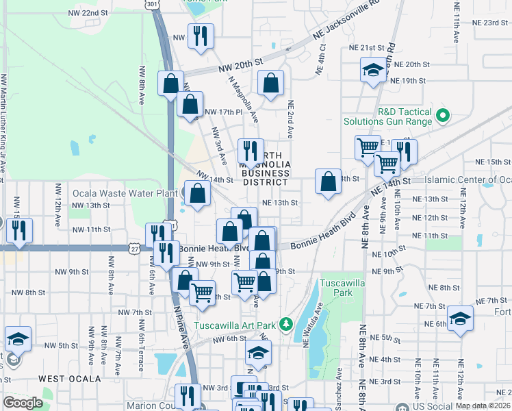 map of restaurants, bars, coffee shops, grocery stores, and more near 1202 North Magnolia Avenue in Ocala