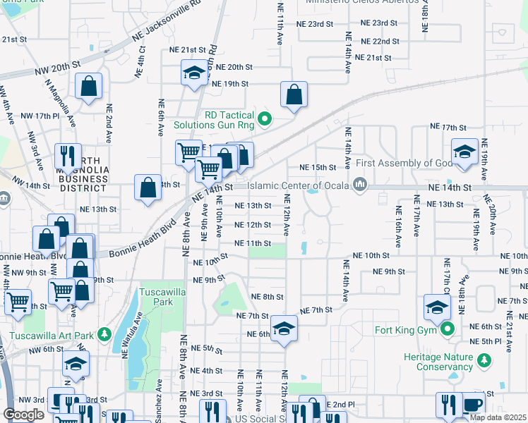 map of restaurants, bars, coffee shops, grocery stores, and more near 1130 Northeast 13th Street in Ocala