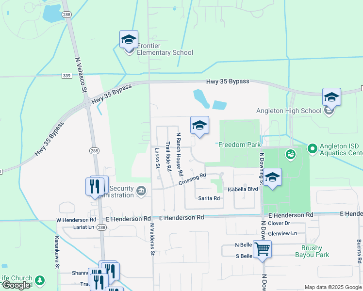 map of restaurants, bars, coffee shops, grocery stores, and more near 257 North Ranch House Road in Angleton
