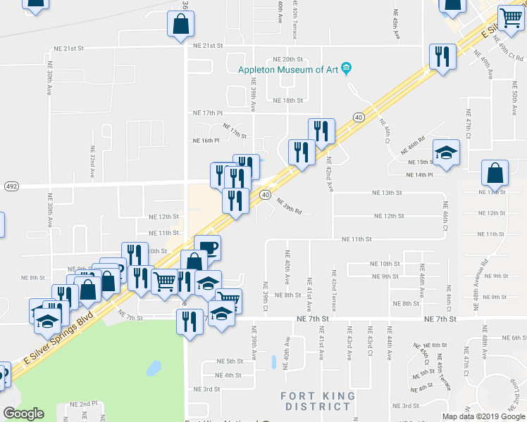map of restaurants, bars, coffee shops, grocery stores, and more near 3922 East Silver Springs Boulevard in Ocala