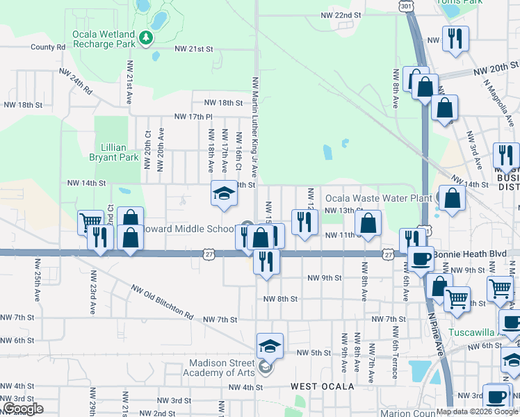 map of restaurants, bars, coffee shops, grocery stores, and more near 1216 Northwest 15th Avenue in Ocala