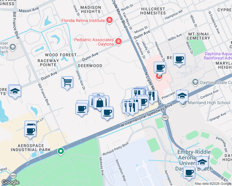 map of restaurants, bars, coffee shops, grocery stores, and more near 200 Hagen Terrace in Daytona Beach