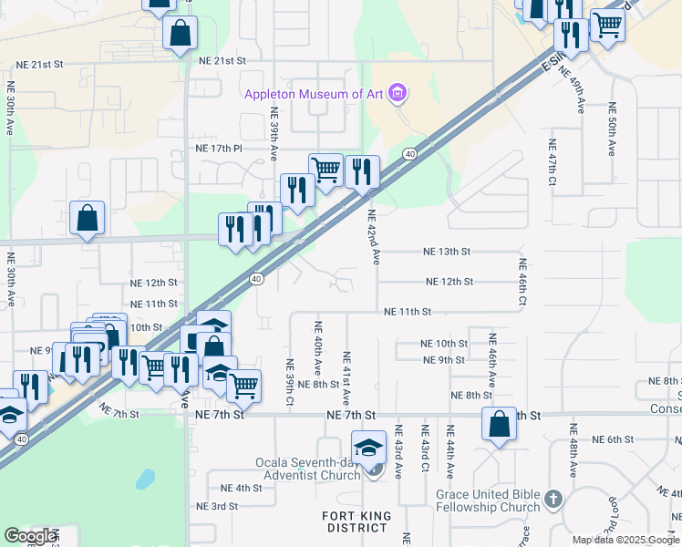 map of restaurants, bars, coffee shops, grocery stores, and more near 1232 Northeast 39th Road in Ocala