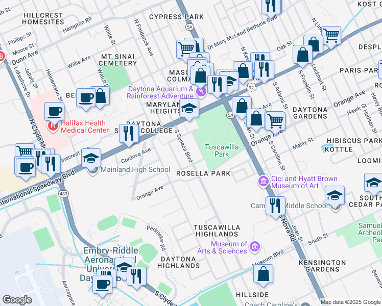 map of restaurants, bars, coffee shops, grocery stores, and more near 239 South Seneca Boulevard in Daytona Beach