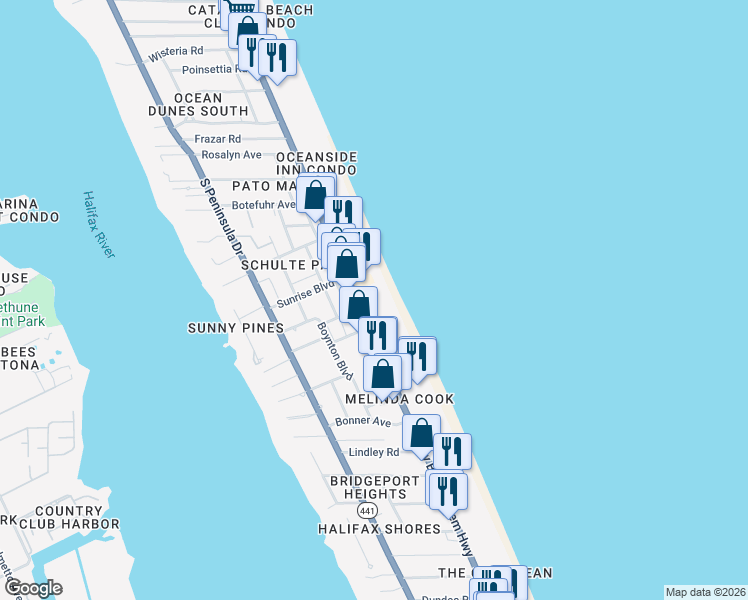 map of restaurants, bars, coffee shops, grocery stores, and more near 2071 South Atlantic Avenue in Daytona Beach Shores