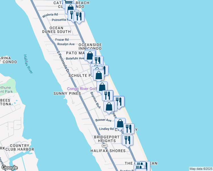 map of restaurants, bars, coffee shops, grocery stores, and more near 2055 South Atlantic Avenue in Daytona Beach