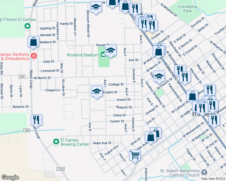 map of restaurants, bars, coffee shops, grocery stores, and more near 904 Peach Street in El Campo