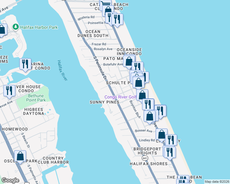 map of restaurants, bars, coffee shops, grocery stores, and more near 2063 South Peninsula Drive in Daytona Beach