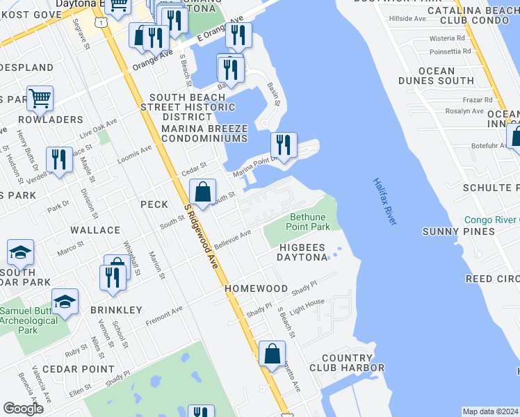 map of restaurants, bars, coffee shops, grocery stores, and more near 802 Donnelly Place in Daytona Beach