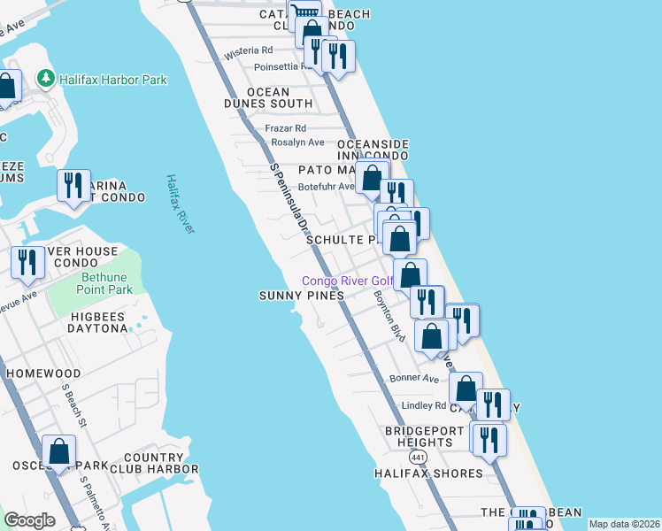 map of restaurants, bars, coffee shops, grocery stores, and more near 2063 South Peninsula Drive in Daytona Beach