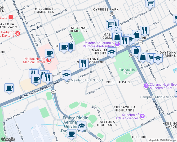 map of restaurants, bars, coffee shops, grocery stores, and more near in Daytona Beach