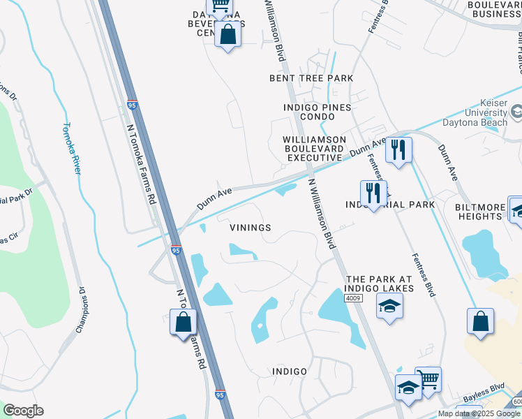 map of restaurants, bars, coffee shops, grocery stores, and more near Dunn Avenue in Daytona Beach