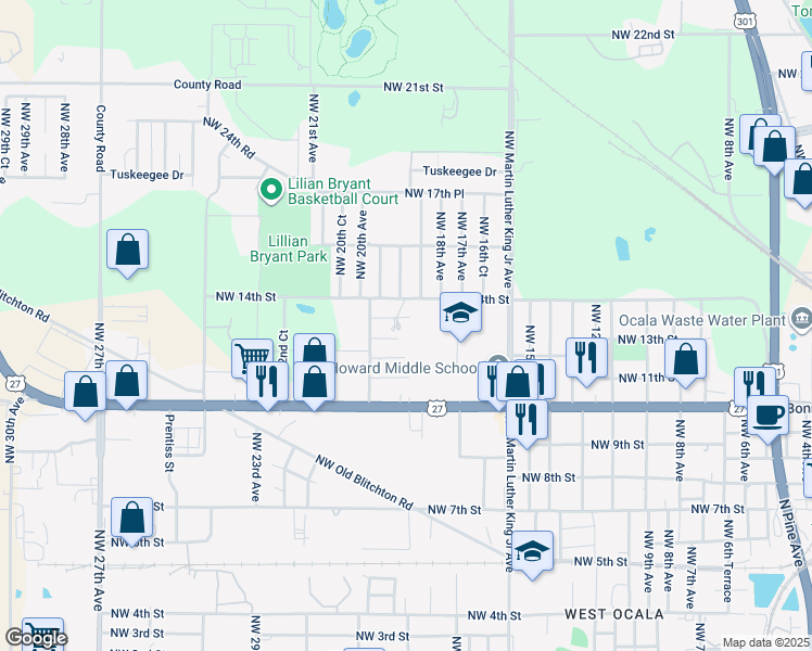 map of restaurants, bars, coffee shops, grocery stores, and more near 1824 Northwest 14th Street in Ocala