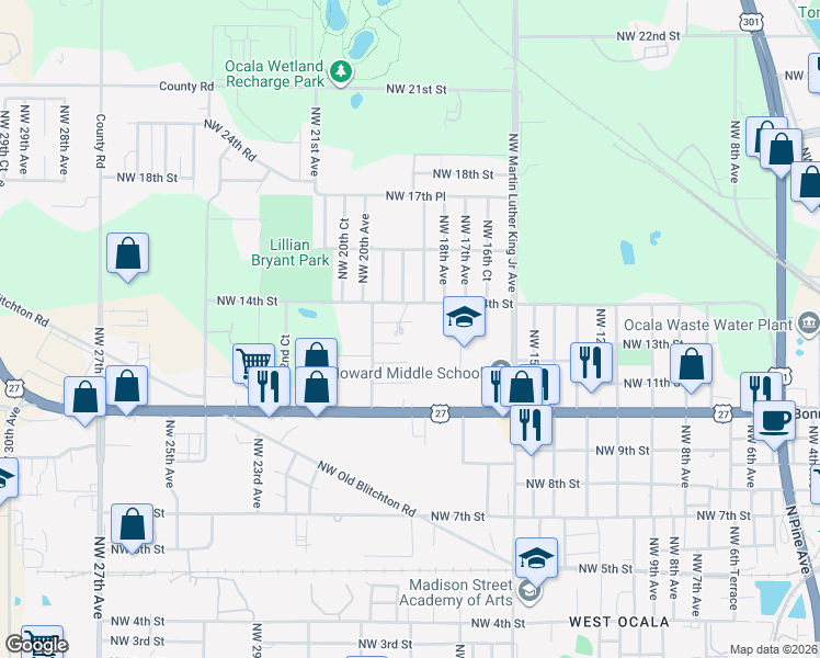 map of restaurants, bars, coffee shops, grocery stores, and more near 1824 Northwest 14th Street in Ocala