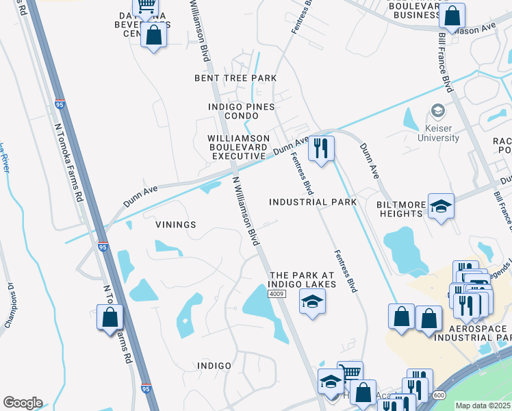 map of restaurants, bars, coffee shops, grocery stores, and more near 575 North Williamson Boulevard in Daytona Beach