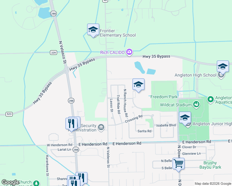 map of restaurants, bars, coffee shops, grocery stores, and more near 328 Lasso Street in Angleton