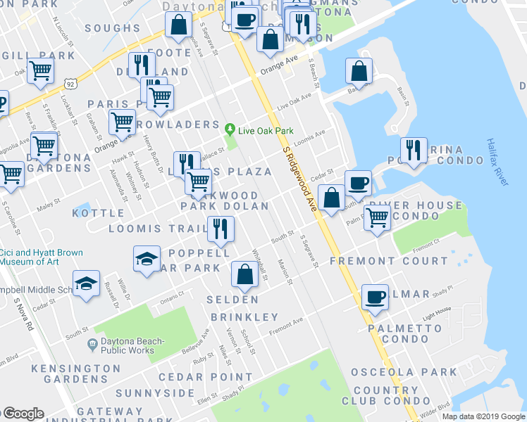 map of restaurants, bars, coffee shops, grocery stores, and more near 411 Cedar Street in Daytona Beach